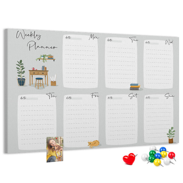 Korktafel mit Wochenplaner-Aufdruck und Pflanzenmotiven