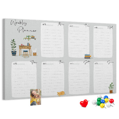 Korktafel mit Wochenplaner-Aufdruck und Pflanzenmotiven