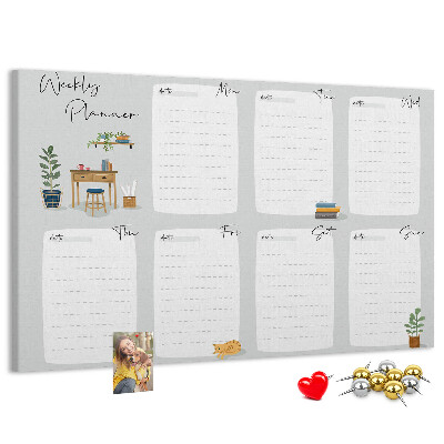 Korktafel mit Wochenplaner-Aufdruck und Pflanzenmotiven