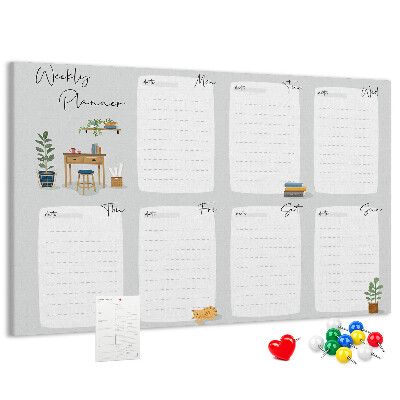 Korktafel mit Wochenplaner-Aufdruck und Pflanzenmotiven