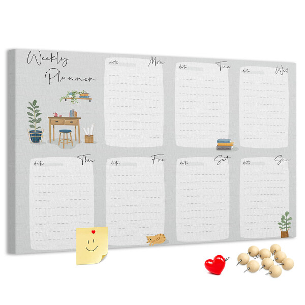 Korktafel mit Wochenplaner-Aufdruck und Pflanzenmotiven