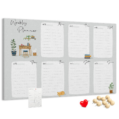 Korktafel mit Wochenplaner-Aufdruck und Pflanzenmotiven