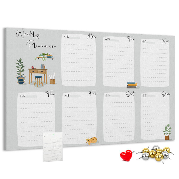 Korktafel mit Wochenplaner-Aufdruck und Pflanzenmotiven