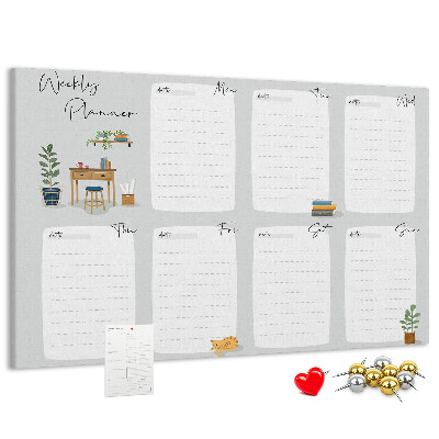 Korktafel mit Wochenplaner-Aufdruck und Pflanzenmotiven