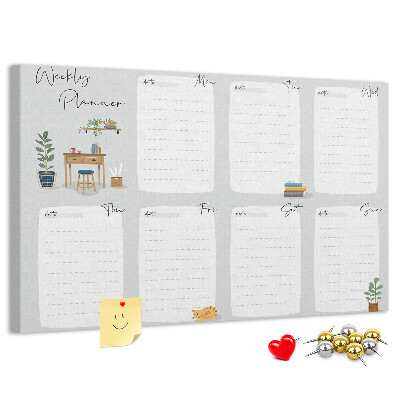 Korktafel mit Wochenplaner-Aufdruck und Pflanzenmotiven