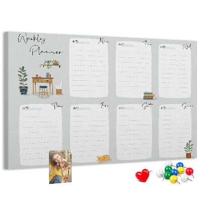 Korktafel mit Wochenplaner-Aufdruck und Pflanzenmotiven