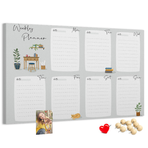 Korktafel mit Wochenplaner-Aufdruck und Pflanzenmotiven