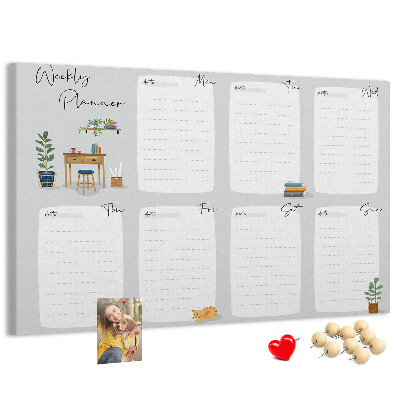 Korktafel mit Wochenplaner-Aufdruck und Pflanzenmotiven