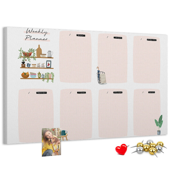 Kork-Pinnwand mit Wochenplaner und Pflanzenakzenten