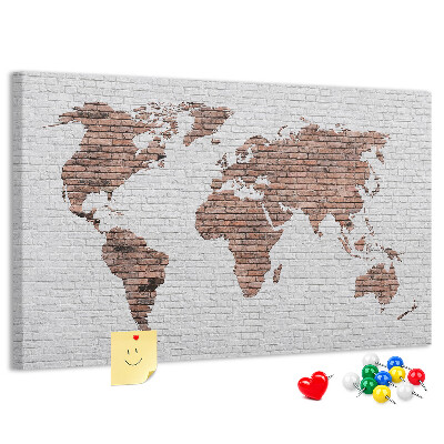Weltkarte mit Korkrückwand Motiv Backsteinmauer