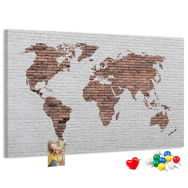 Weltkarte mit Korkrückwand Motiv Backsteinmauer