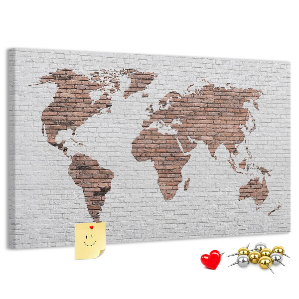 Weltkarte mit Korkrückwand Motiv Backsteinmauer