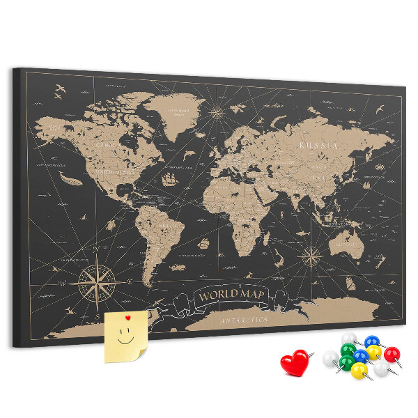 Korktafel schwarze Weltkarte mit goldenen Akzenten