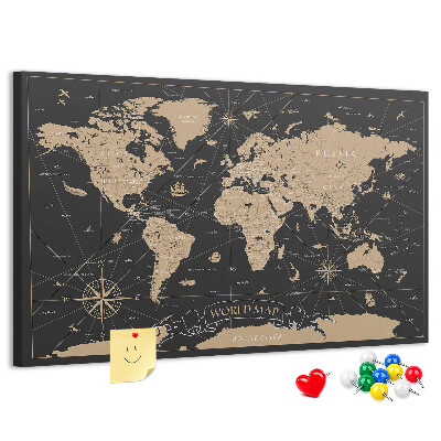 Korktafel schwarze Weltkarte mit goldenen Akzenten