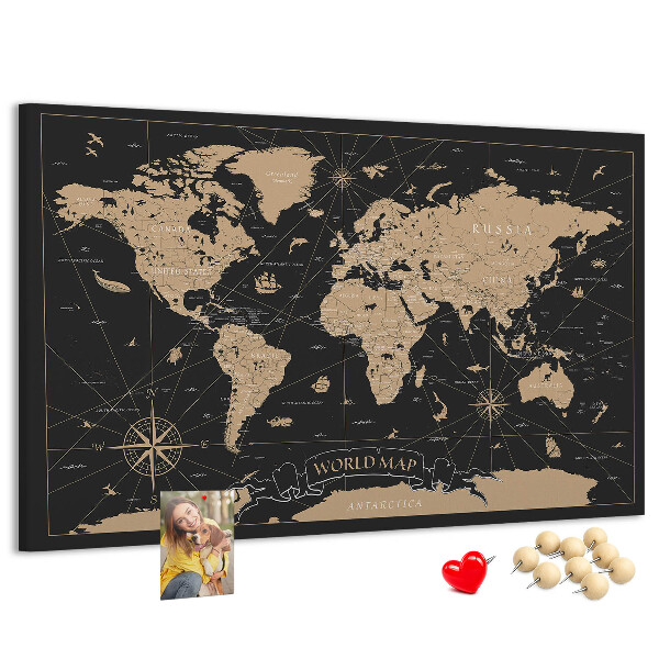 Korktafel schwarze Weltkarte mit goldenen Akzenten
