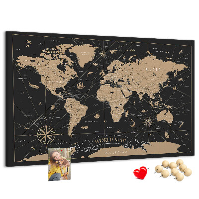 Korktafel schwarze Weltkarte mit goldenen Akzenten