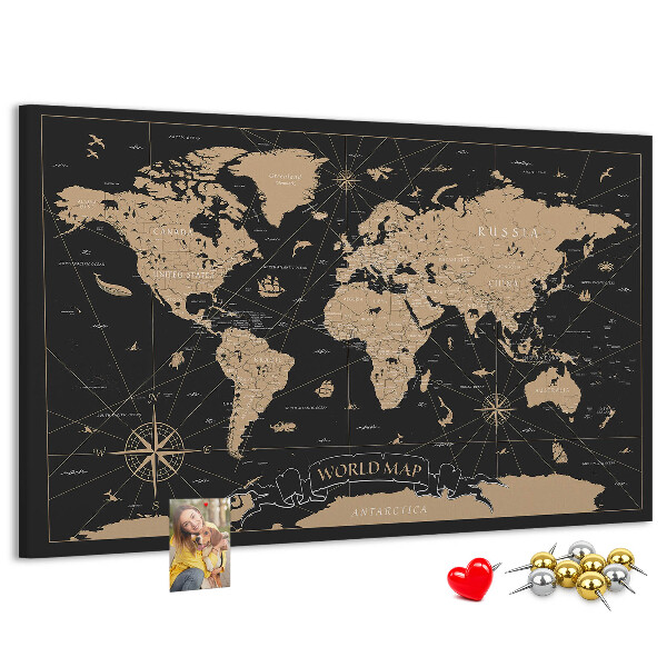 Korktafel schwarze Weltkarte mit goldenen Akzenten