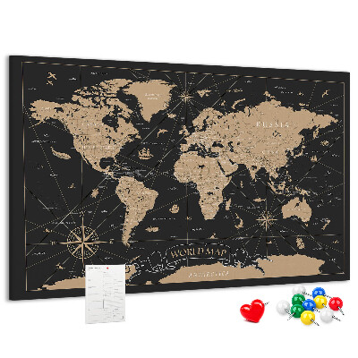 Korktafel schwarze Weltkarte mit goldenen Akzenten