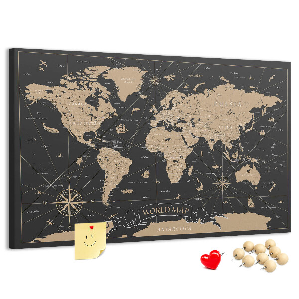 Korktafel schwarze Weltkarte mit goldenen Akzenten