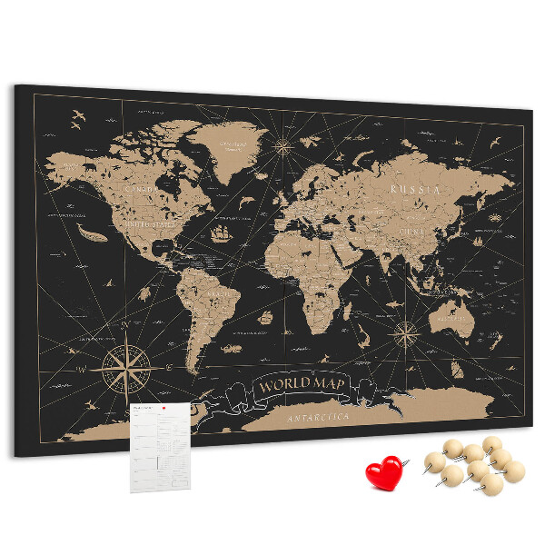 Korktafel schwarze Weltkarte mit goldenen Akzenten