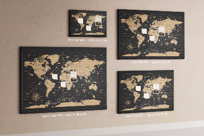 Korktafel schwarze Weltkarte mit goldenen Akzenten