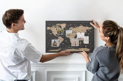 Korktafel schwarze Weltkarte mit goldenen Akzenten