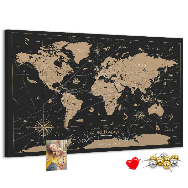 Korktafel schwarze Weltkarte mit goldenen Akzenten