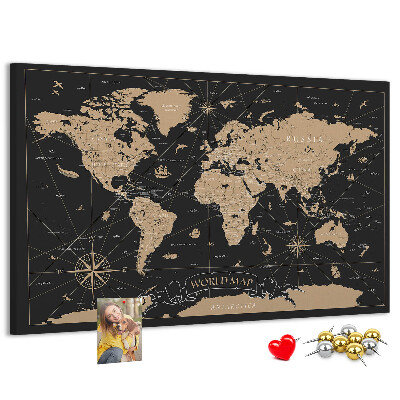Korktafel schwarze Weltkarte mit goldenen Akzenten