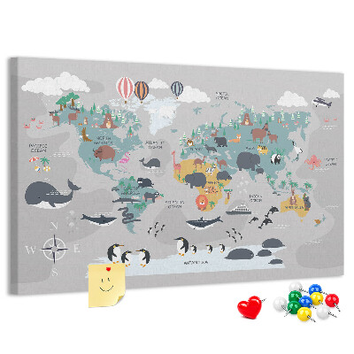 Weltkarte mit Tierillustrationen auf Korkrückwand
