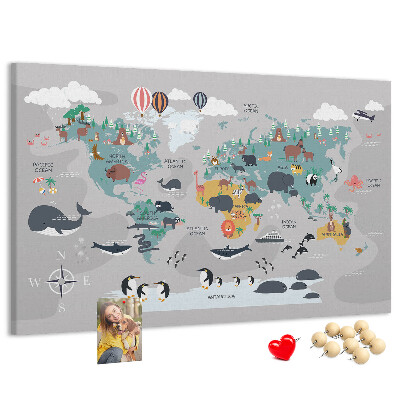 Weltkarte mit Tierillustrationen auf Korkrückwand