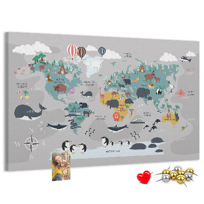 Weltkarte mit Tierillustrationen auf Korkrückwand
