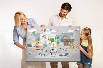 Weltkarte mit Tierillustrationen auf Korkrückwand