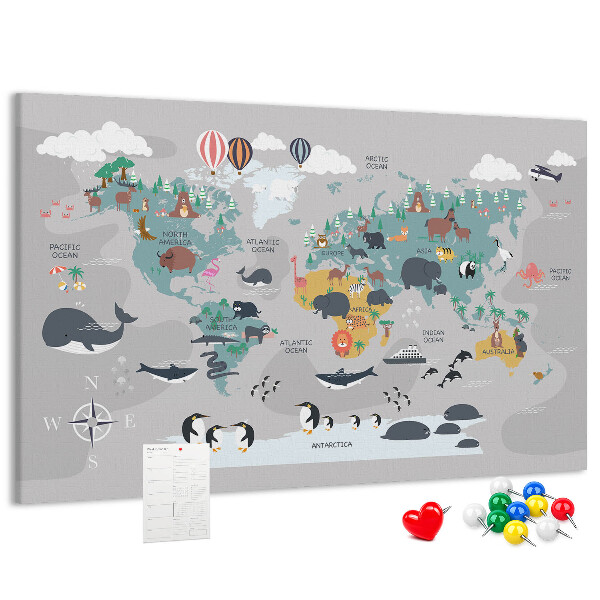 Weltkarte mit Tierillustrationen auf Korkrückwand