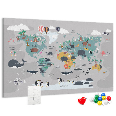 Weltkarte mit Tierillustrationen auf Korkrückwand
