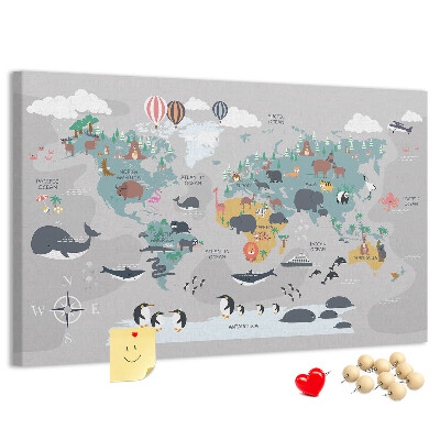 Weltkarte mit Tierillustrationen auf Korkrückwand