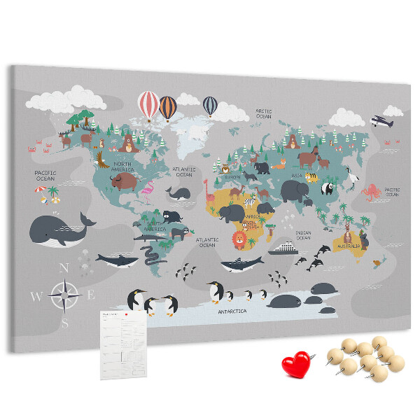 Weltkarte mit Tierillustrationen auf Korkrückwand