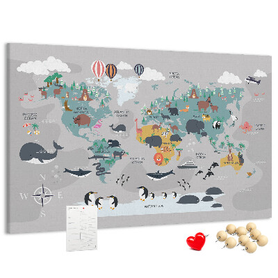 Weltkarte mit Tierillustrationen auf Korkrückwand