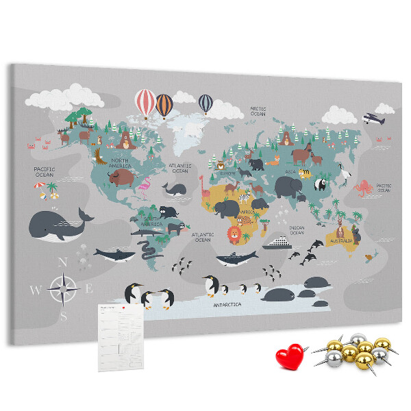 Weltkarte mit Tierillustrationen auf Korkrückwand