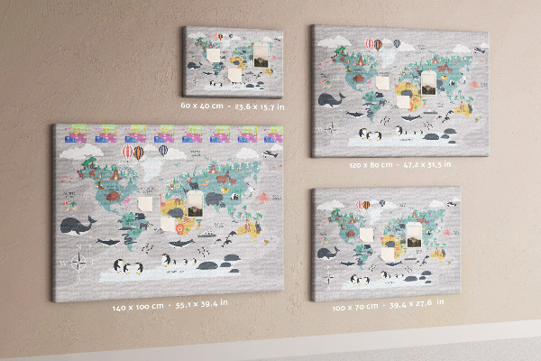 Weltkarte mit Tierillustrationen auf Korkrückwand