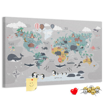 Weltkarte mit Tierillustrationen auf Korkrückwand