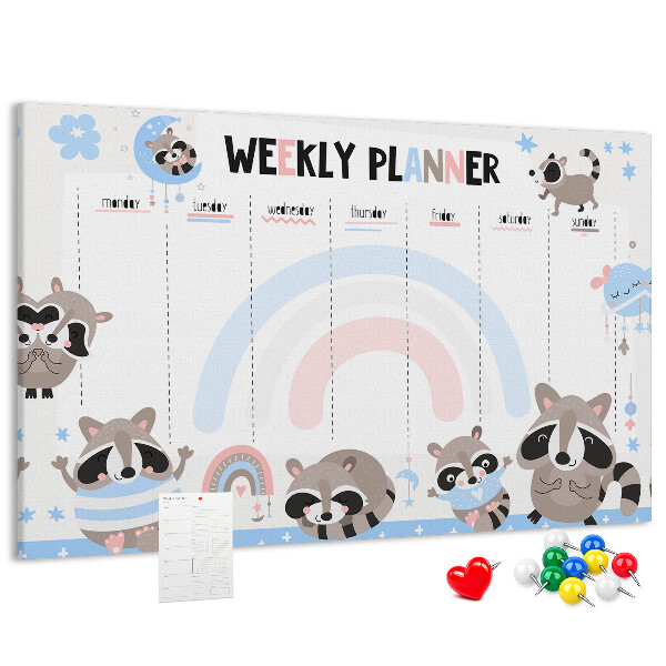 Korktafel mit fröhlichen Waschbären als Wochenplaner
