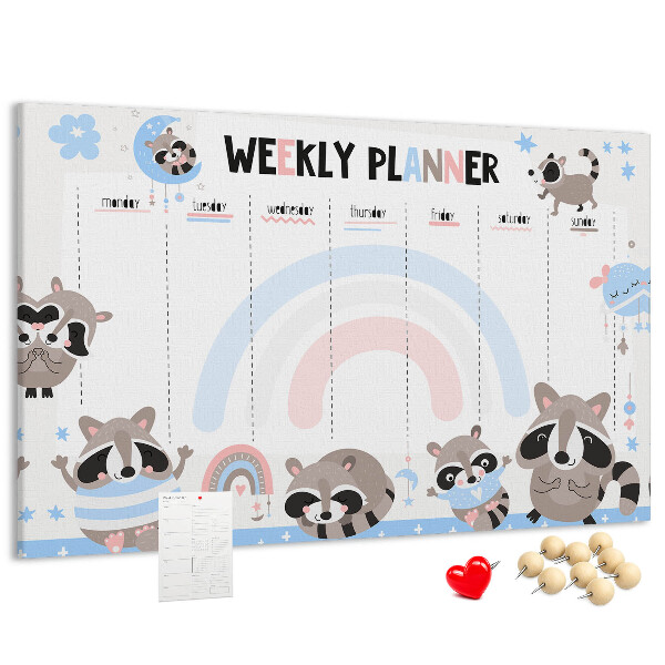 Korktafel mit fröhlichen Waschbären als Wochenplaner
