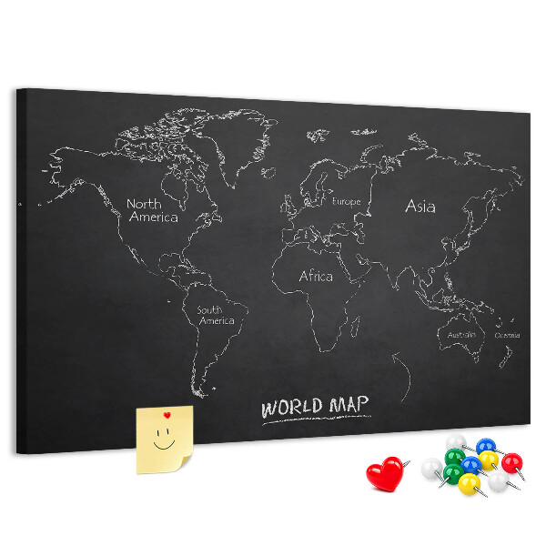 Weltkarte mit Korkrückwand auf schwarzem Hintergrund