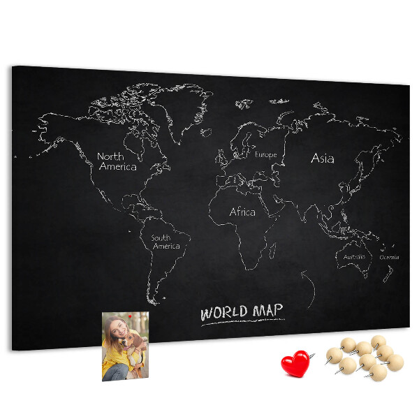 Weltkarte mit Korkrückwand auf schwarzem Hintergrund