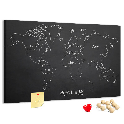Weltkarte mit Korkrückwand auf schwarzem Hintergrund