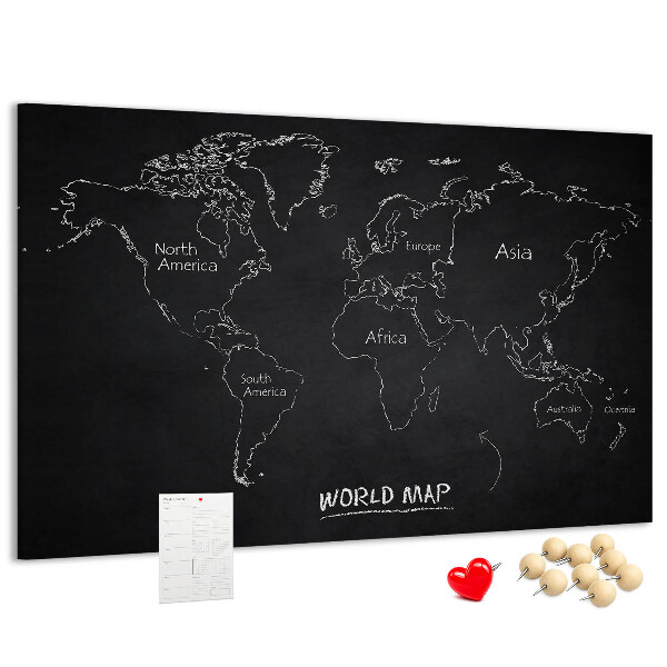 Weltkarte mit Korkrückwand auf schwarzem Hintergrund