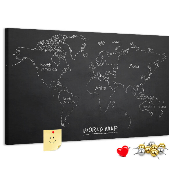 Weltkarte mit Korkrückwand auf schwarzem Hintergrund