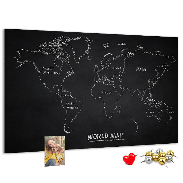 Weltkarte mit Korkrückwand auf schwarzem Hintergrund