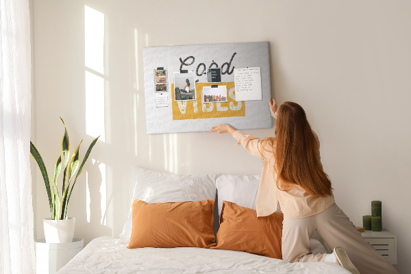 Bild mit Korkrückwand dynamische Inschrift auf hellem Hintergrund