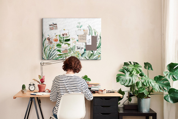 Korktafel mit Motiv tropische Blätter in zarten Farbtönen